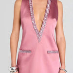 Elegant Demeanor Satin Gemstone Trim Deep V-Neck Tank H-line Mini Dress