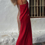 Fashionable Splicing V-neck Suspenders Loose Maxi Dress