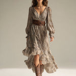 Women's Beige - Plaid Bohemian Chiffon Ruffled Midi Dress