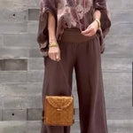 V-neck cotton and linen printed top and trousers casual suit