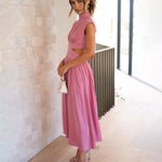 Stand Collar Solid Color Hollow Waist Long Dress