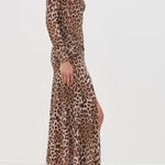 Retro leopard print high collar slim floor-length dress