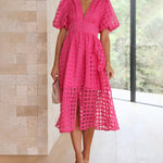 Nadorine Women's Deep V Neck Short Puff Sleeve Plaid Midi Dress Elegant Button Front Beach Flowy Dress