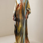 Batwing Sleeves Loose Printed Split-Joint V-Neck Maxi Dresses