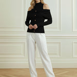 Long Sleeves Skinny Buttoned Pleated Ribbed Knit Cold Shoulder Knit Top