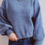 Solid Color Casual Round Neck Lantern Sleeve Short Knitted Sweater