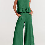 Nadorine 2 Piece Outfits Sleeveless Ruffle Tank Crop Top and Wide Leg Pants Lounge Set with Pockets