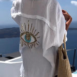 Summer Breeze Linen Blend Sequin Magic Eye Desig Oversized Relax Shirt