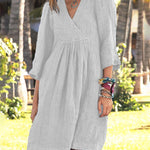 Solid Color Loose V-neck 3/4 Sleeve Loose Mid Linen Dress