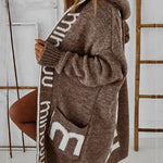 Long Elegant Stripe Cardigan Wool Long Sleeve Hooded Letter Knitted Coat