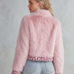 Women's Leopard-print Trim Pink Faux Fur Stand Collar Cropped Coat