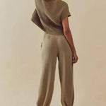 Two Piece Matching Sets Short Sleeve Pullover Tops Solid Color High Waisted Lounge Pants
