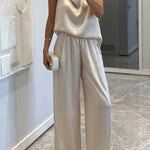 Classic on You Satin High Cowl Neck Top and Elastic Waist Pocket Loose Pants Set