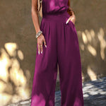 Rose Red Padded Shoulder Slant Pocket Wide Leg Jumpsuit