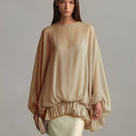 Women's Champagne & Pale Yellow Set With Sheer Oversized Blouse & Satin Maxi Skirt, Timeless Luxe-Effortless Style Set