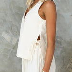 Side Split Button Up Sleeveless Top and Wide Leg Pants Set