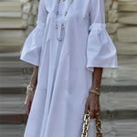 Flared Sleeves Half Sleeves Solid Color Round-Neck Mini Dresses
