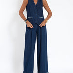 Nadorine Casual Denim Two-piece Set Sleeveless Vest and Long Wide-leg Jeans Pants