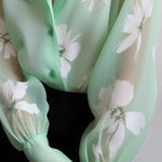 Puff Sleeves Floral Printed Gauze Pleated See-Through Split-Joint Lapel Blouses&Shirts Tops