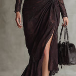 Retro High-end Brown-red Imitation Leather Stitching Lace Long-sleeved Maxi Dress