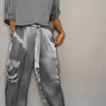 Satin Gloss Drawstring Waist-Defining Wide-Leg Workwear Set