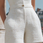 Sleeveless Boucl�� Button-Front Tailored Short Jumpsuit