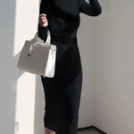 Elegant Turtleneck Sweater Dress Slim-fitting Belted Knee-length Knitted Dress