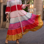 Puff Sleeves Contrast Color Split-Joint Round-Neck Maxi Dresses Shirt Dress