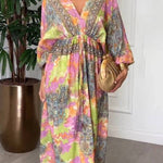 Summer Bold Floral Print Elastic Waist Backless Slit Casual Maxi Dress