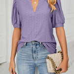 Casual v-neck solid color hollow puff sleeve loose t-shirt top women
