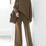Lounge Set Casual Side Slit Knitted Sweater Pullover Top Wide Leg Pants Two Pieces Tracksuit