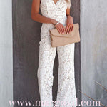 Margovil V Neck Waisted Wide Leg Cami Lace Jumpsuit