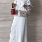Loose Puff Sleeves Drawstring Solid Color Split-Joint V-Neck Maxi Dresses Shirt Dress