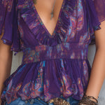 Vintage Smocked Paisley Chiffon Blouse With Ruffled Sleeves