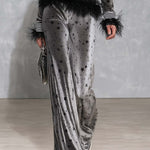 Retro Glam Star Print Grey Velvet Feather Trim Turtleneck Wide-Leg Pants Set