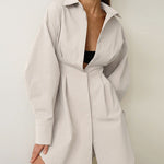 Long Sleeve Tunic Dress High Waist Lapel Short Dress Button Down Pleated Dress