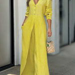 High Waisted Long Sleeves Buttoned Pockets Solid Color V-Neck Jumpsuits