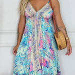 Bohemian Style Unique Print V-neck Suspender Holiday Maxi Dress