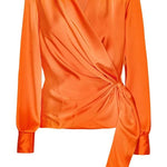 Satin Solid Color V-neck Tie Up Long Sleeve Loose Shirt