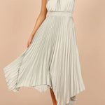 Luxe Look Satin Pleated Halter Elastic Waist Midi Dress