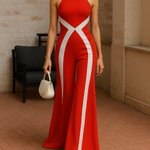 High Waisted Skinny Contrast Color Halter-Neck Jumpsuits