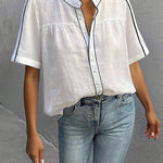 Loose Short Sleeves Buttoned Contrast Color Blouses&Shirts Tops