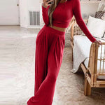 Two Pieces Sets Long Sleeve Crop Thread Top Casual High Waist Wide Leg Pants