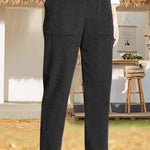 Solid color elastic waist striped straight casual pants