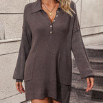 Solid Color Lapel Button Knit Mid Length Sweater Dresses