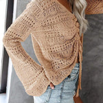 Front Tie Crop Knits Tops Ruched Drawstring Knitted V Neck Long Sleeve T Shirts