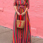 Long Sleeves Loose Split-Joint Striped Lapel Maxi Dresses Shirt Dress