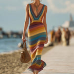 Retro Western Style V-Neck Colorful Striped Breathable Knitted Maxi Dress