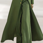 High Waisted Long Sleeves Buttoned Solid Color Split-Front Round-Neck Midi Dresses