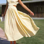 Cap Sleeve Belly-Hollow Pleated Solid Color Stand Collar Maxi Dresses